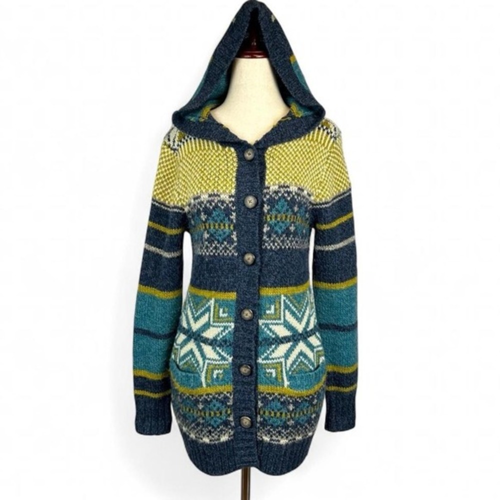 Royal Robbins Mystic Wool Blend Cardigan Sweater Womens S Hooded Fair Isle